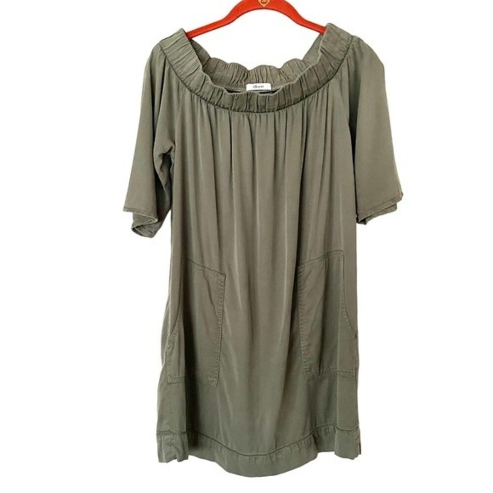 Glam off-the-shoulder olive green shift mini dress Size S. Elastic neckline